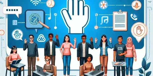 "Pengembangan Platform E-Learning untuk Bahasa Isyarat Indonesia (BISINDO) - Gambar menunjukkan antarmuka pengguna inovatif yang dirancang untuk pembelajaran bahasa isyarat, dengan modul interaktif dan grafik informatif, mendukung aksesibilitas dan pembelajaran bilingual."