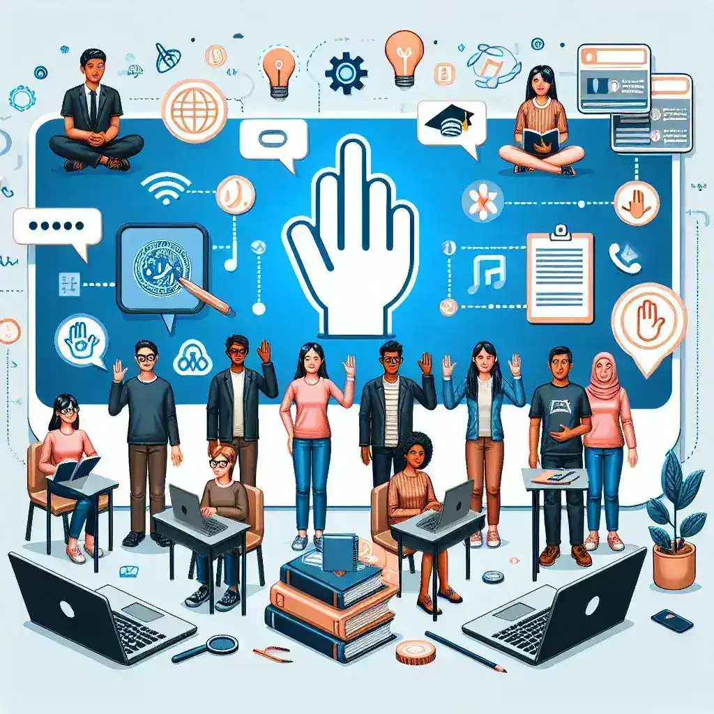 "Pengembangan Platform E-Learning untuk Bahasa Isyarat Indonesia (BISINDO) - Gambar menunjukkan antarmuka pengguna inovatif yang dirancang untuk pembelajaran bahasa isyarat, dengan modul interaktif dan grafik informatif, mendukung aksesibilitas dan pembelajaran bilingual."