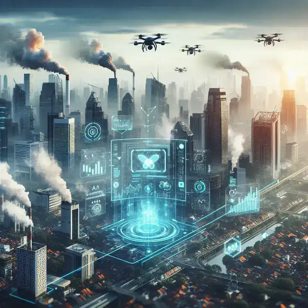 "Jakarta's AI-Based Real-Time Air Quality Monitoring System: An illustration depicting advanced technology used for tracking air pollution levels in Jakarta, Indonesia."