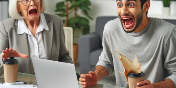 "Ilustrasi wawancara kerja junior developer: seorang kandidat dengan tampilan profesional sedang menjawab pertanyaan di depan pewawancara, mencerminkan kesalahan umum yang sering dilakukan saat wawancara kerja."