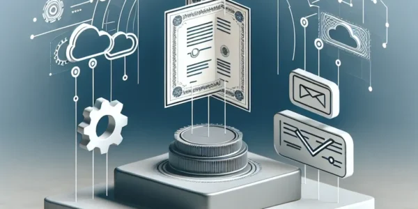 "Ilustrasi platform pengelolaan sertifikat otomatis yang menampilkan antarmuka pengguna modern untuk manajemen kredensial digital yang efisien."