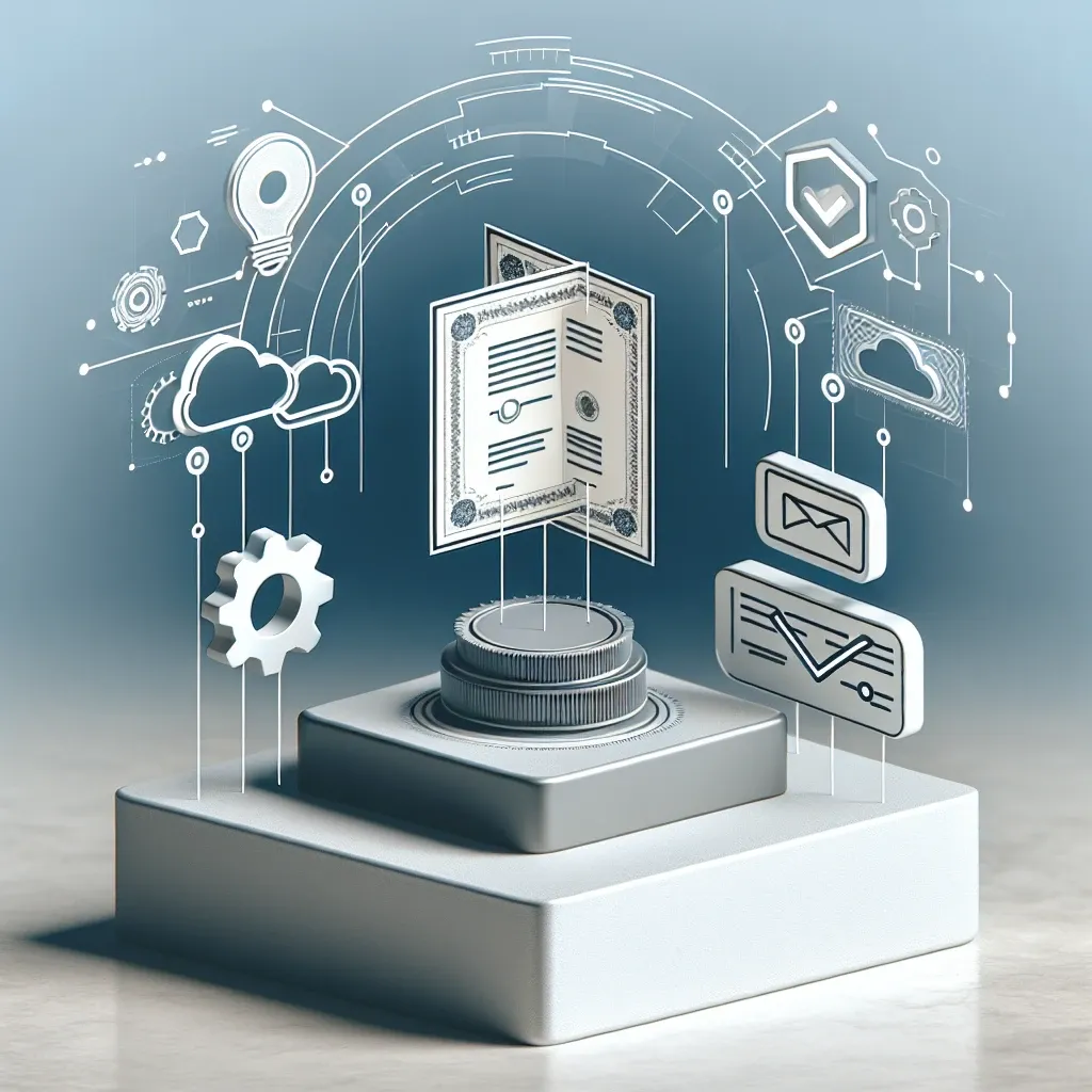 "Ilustrasi platform pengelolaan sertifikat otomatis yang menampilkan antarmuka pengguna modern untuk manajemen kredensial digital yang efisien."