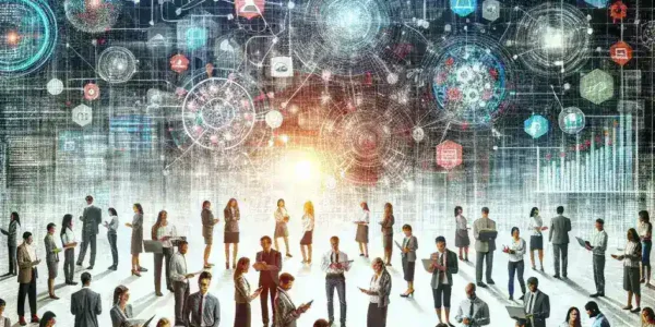 Alt text: "Ilustrasi platform pengelolaan API internal untuk perusahaan besar, menampilkan dashboard digital dan strategi transformasi digital yang efektif dalam memaksimalkan integrasi sistem."