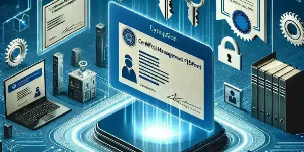 "Platform Pengelolaan Sertifikat Otomatis: Ilustrasi digital yang menunjukkan proses revolusi modern dalam manajemen kredensial, dengan tampilan antarmuka pengguna yang intuitif dan sertifikat digital yang terintegrasi."