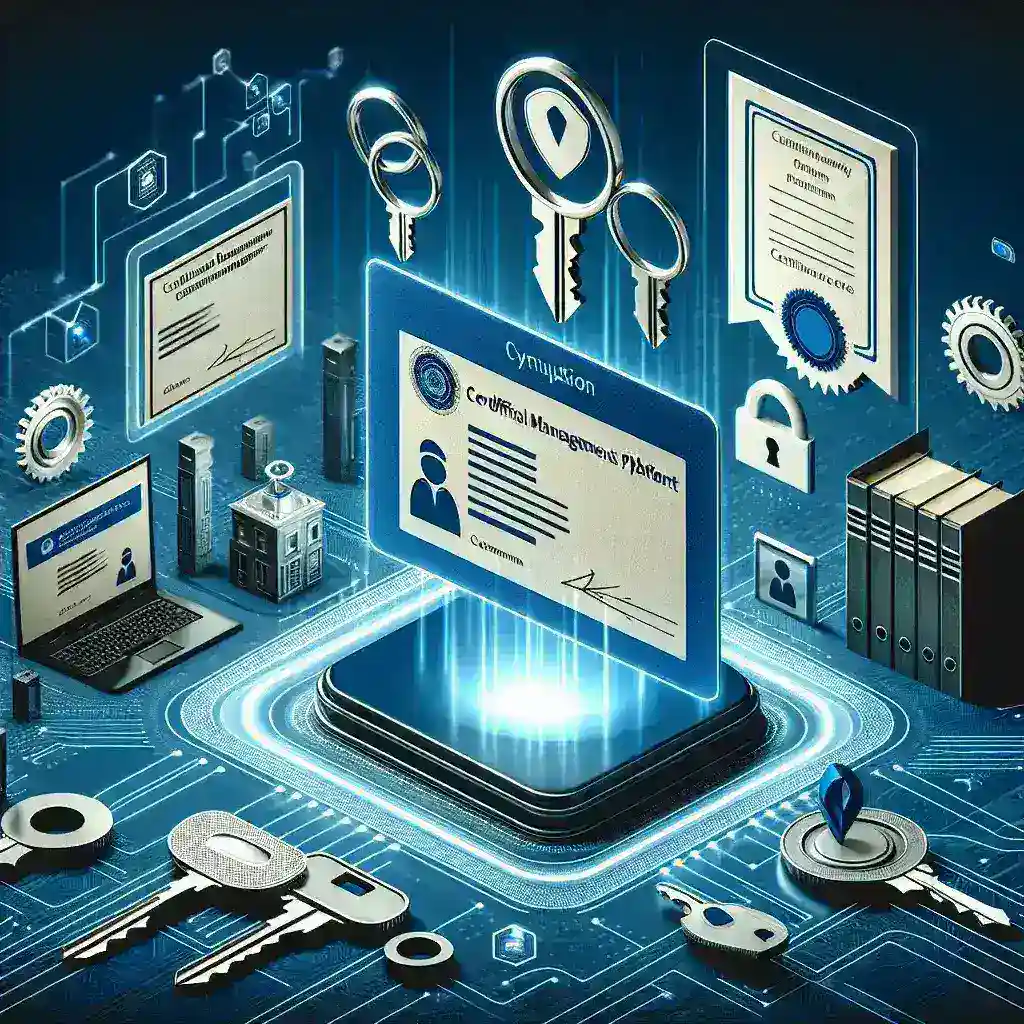 "Platform Pengelolaan Sertifikat Otomatis: Ilustrasi digital yang menunjukkan proses revolusi modern dalam manajemen kredensial, dengan tampilan antarmuka pengguna yang intuitif dan sertifikat digital yang terintegrasi."